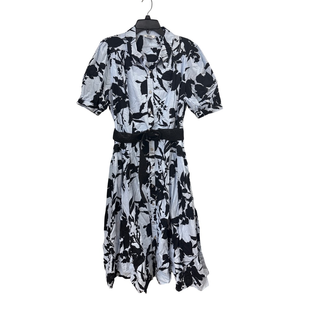 DKNY Floral Leaf Print Belted Shirt Dress Blue Black Short Sleeve Size 16 NEW